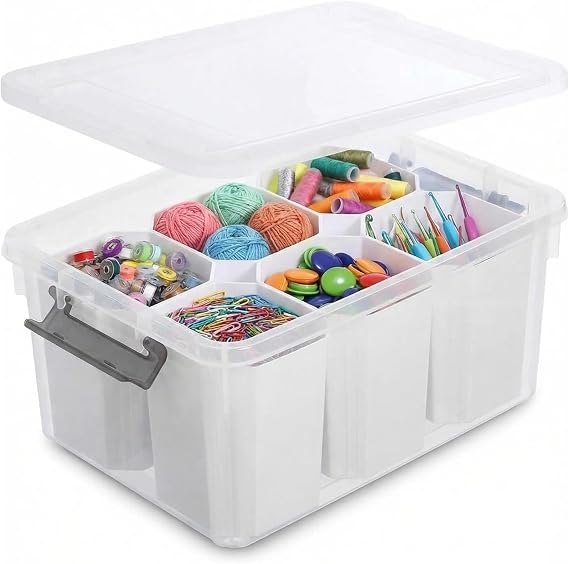 Clear Storage Box with Dividers, Plastic Organizer Box with Compartments and Secure Lid, Multi-Compartment Craft Organizer for Beads, Sewing Supplies, Jewelry, Toys and Small Parts Storage Container