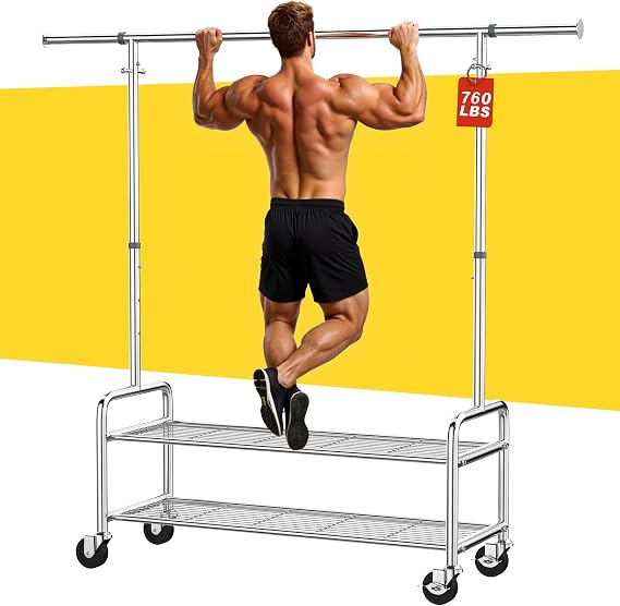100% Stainless Steel Heavy Duty Clothes Rack Load 760LBS, Clothing Rack for Hanging Clothes With Shelves, Adjustable Height Rolling Wardrobe Coat Closet for Bedroom Laundry Living Room Dorm