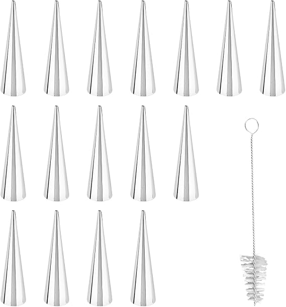 16-Piece Stainless Steel Cream Horn Molds Set with Cleaning Brush - Professional Cannoli Tubes, Croissant Screw Cones & Tubular Baking Forms for Pastry