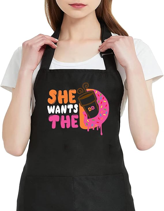 She Want The D Donut Apron for Women with 2 Pocket Waterproof Adjustable Bib Kitchen Cooking Apron Doughnut Lover Gift