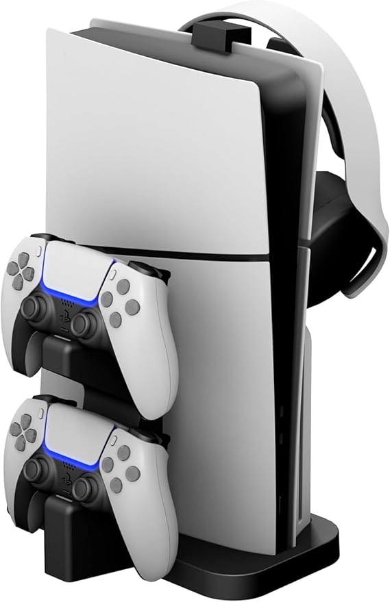 NBCP PS5 Slim Vertical Stand with Dual Controller Charger and LED Indicators for PlayStation 5 Slim Disc & Digital Editions, Includes Headset Holder, Storage Accessory Stand for PS5 Slim, Black