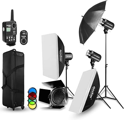 Godox 3PCS E300 300W Strobe Studio Flash Light Kit, with Godox FT-16 Flash Trigger,Photographic Lighting Strobes, Carry Box,Barn Doors, Light Stands,Triggers,Umbrellas, Soft Box