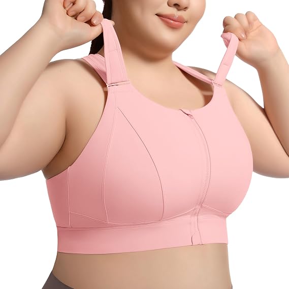 High Impact Sports Bra Adjustable Zip Front for Plus Size Women | Full Coverage, Removable Padded, No Bounce, Criss Cross, Large Bust, High support, Daily Wear