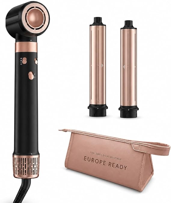 MESCOMB Dual Voltage Hair Styler for Travel, 3-in-1 1400W Hair Dryer and Air Curler with 2 Auto-Wrap 1.25-Inch Barrels, Automatic 110-240V, Travel Case for Europe and Worldwide Travel