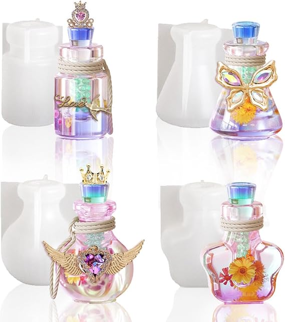 BIGEBO Mini Resin Molds, 4 Pcs Wishing Bottle Silicone Molds Quicksand Container and Stopper for DIY Jewelry Crystal Keychain Pendant