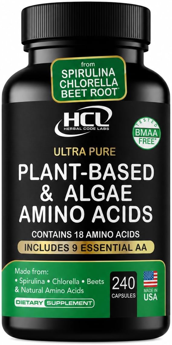 HCL HERBAL CODE LABS Essential Amino Acids Plant Based Supplement | All 9 EAAs & BCAAs | from Organic Spirulina, Chlorella & Beet Root | Made in USA | Vegan Amino Acids Capsules