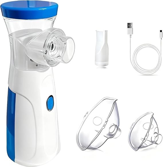 Portable Nebulizer Machine for Adults & Kids, Finer Mist & Silent Handheld Mesh Nebuliser with 2 Masks (1 Big + 1 Small) & Mouthpiece, Adjustable Steam Inhaler for Home Use