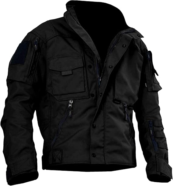 Men's Outdoor Cargo Tactical Jackets Multi-Pockets Stand Collar Military Jackets Lightweight Cotton Windbreaker