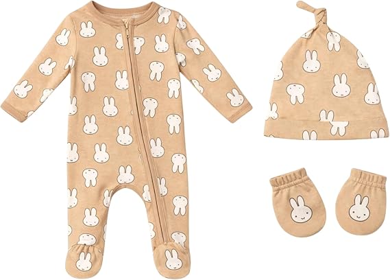 Miffy Baby Boys 3-Piece Ultra-Soft Footed Coverall, Beanie & Mitten Sets