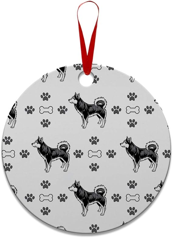 Style In Print Aluminum Christmas Ornament Alaskan Klee Kai Dog Bones Paws Pattern Holiday Xmas Tree Decoration 1 Size Round Shape Design Only