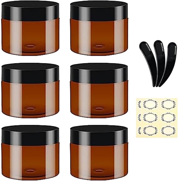 Round Cosmetic Containers - 6Pcs 100ML Empty Amber Plastic Jars With Black Lids, 3 Spatula & 6 Labels - Refillable Travel Jars for Lotion, Ointments, Creams, Gel Storage