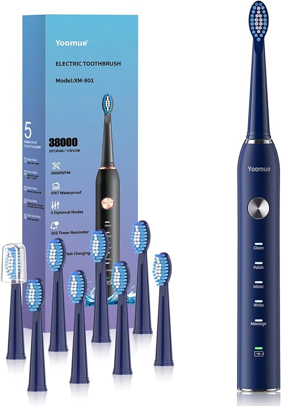 Sonic Electric Toothbrush for Adults & Kids with 8 Brush Heads Navy