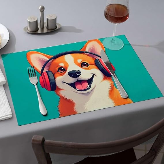 Table Cloth A Cheerful Dog Wearing Headphones. Dining Place Mats Comedor Washable Placemats(4PCS)