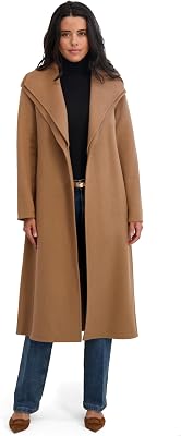 TAHARI Womens Slim Fit Double-Faced Wool Blend Wrap Coat with Tie Belt Longline Silhouette, Camel, X-Large