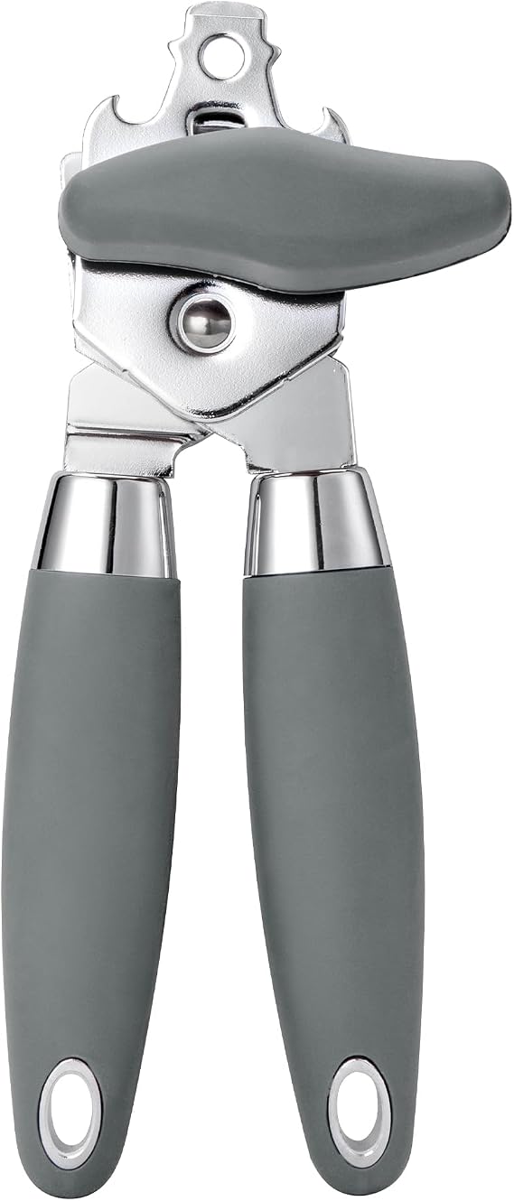 TJ POP 3 in 1 Manual Can Opener - Heavy Duty Handheld Tin Opener With Stainless Steel Ultra Sharp Cutting Wheel, Smooth Edge, Oversized Easy Turn Knob, with Bottle Opener - Gray