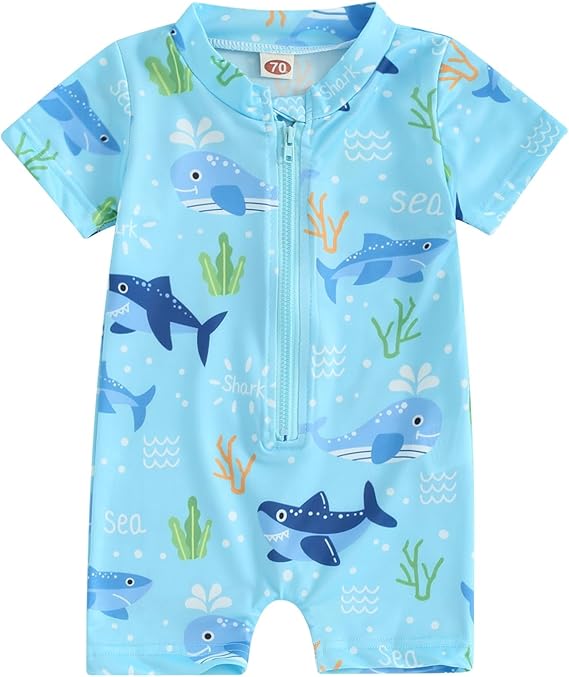 Baby Boy Swimsuit Swimming Costume Rash Guard Zipper One Piece Short Sleeve Sunsuit Beach Swimwear Bathing Suits