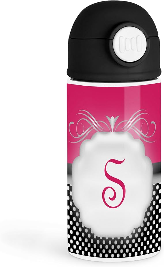 Sweet Monogram Enthusiast 12oz Kids Black Bottle Elegant pink design with black and white polka dots. School, Playdates