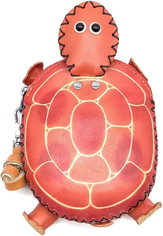 Handmade Vintage Genuine Leather 3D Turtle Animal Coin Purse With Removable Wrist Strap (Orange)