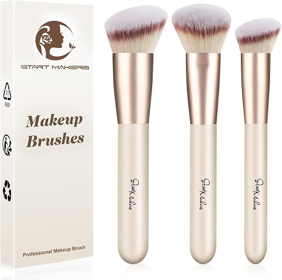 Start Makers Makeup Brushes 3PCS Set, Foundation, Contour, Concealer Brush for Liquid & Powder, Professional Vegan Synthetic Kabuki Brushes for Flawless Blending, Buffing & Setting