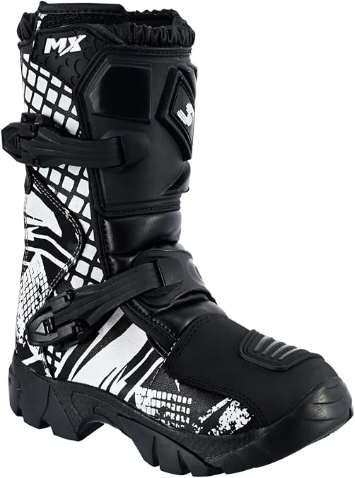 Kids Black & Whtie Real Leather Off - Road Motorbike/Motocross/Motorcycle Cubs MX Sports Shoes/Boots