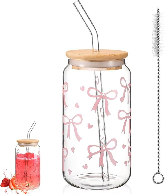 Drinking Jars,16 oz Pink Bow Glass Cup, Versatile and Stylish Drinking Glass Cups with Lids and Straws Aesthetic Gifts for Women Girls Friends