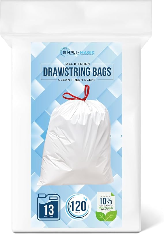Simpli-Magic 13 Gallon Drawstring Trash Bags, Code B, 120 Pack Tall Kitchen Garbage Bags, Custom Made with Premium Materials (White)