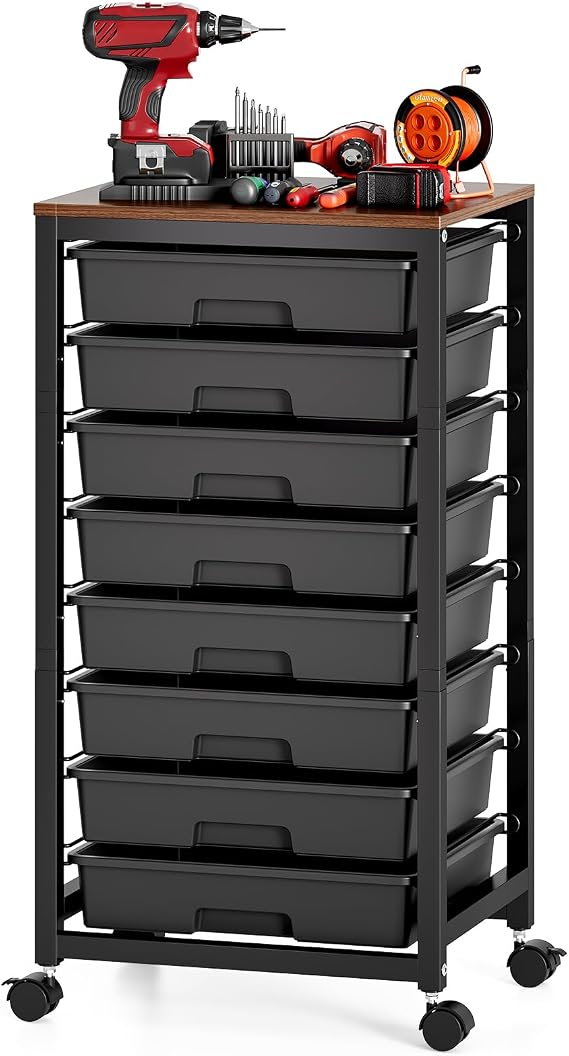 SYKIARIOL Rolling Storage Cart with Drawers, 8 Drawers Utility Cart,Black | Rolling Drawer Cart with Wooden Tabletop,Storage Drawer Cart for Living Room,Classroom,Bedroom,Dorm,Office