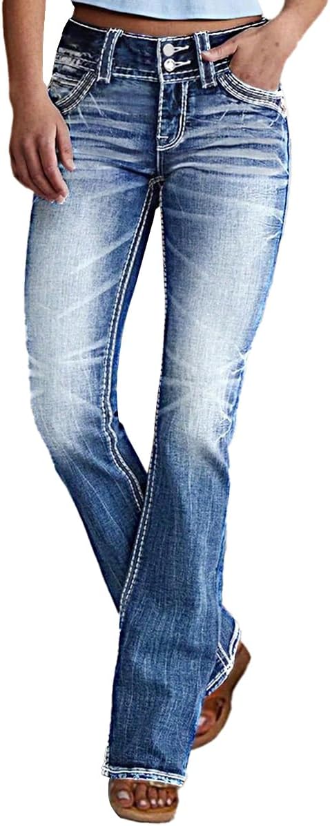 Women's Mid Waisted Bootcut Jeans Stretchy Slim Double Button Flare Pants