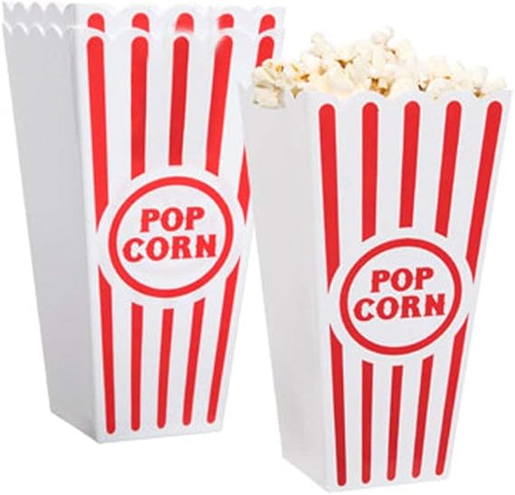 NOVELTY PLACE Plastic Red & White Striped Classic Popcorn Containers for Movie Night - 7.8" Tall x 3.8" Square (4 Pack)