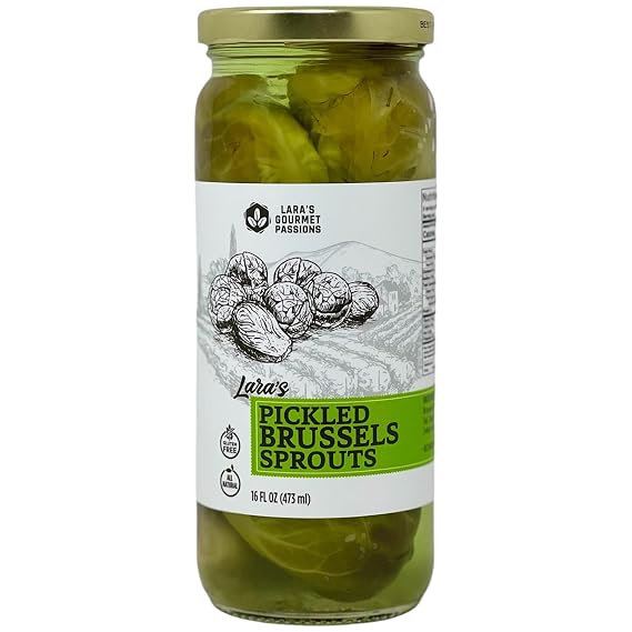 Lara's Pickled Brussels Sprouts Premium 16oz Jar, Perfect for Bloody Marys, Relish Trays & Snacking Made in the USA, All-Natural, Gluten-Free, Vegan (Mild)