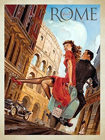 Vintage Art Girl On A Vespa Scooter in Rome Sticker (Italy Italia Visit Travel it Rome Vinyl Decal (3 x 4 inch)