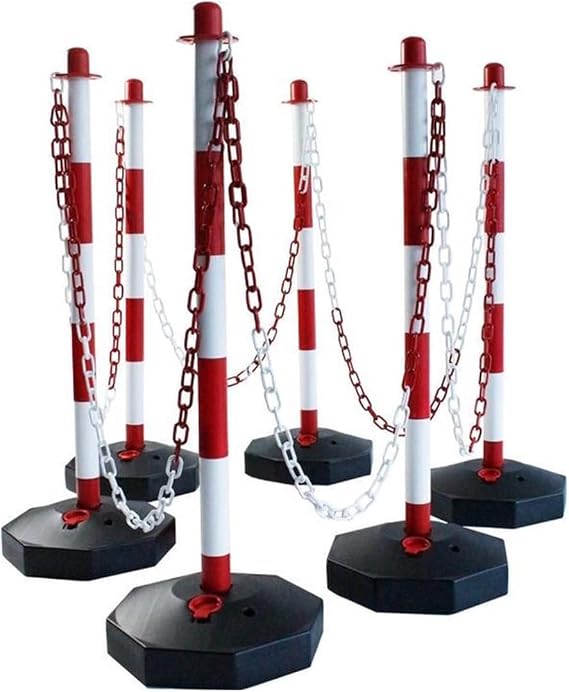 Set of 10 Barrier Posts Red/White with 44 m Chain - Heavy Duty Plastic Posts for Indoor and Outdoor Use - Border Posts Barrier Tape Traffic Safety