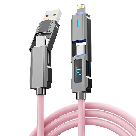 USB C/Lightning 4-in-1 Universal Multi USB Charging Cable LED Display for iPhone,Pink 240W Max Fast Charge Cord & Data Transfer Apple iPhone 16/15/14/13, iPad, Samsung, MacBook, iPad,Tablets -5FT