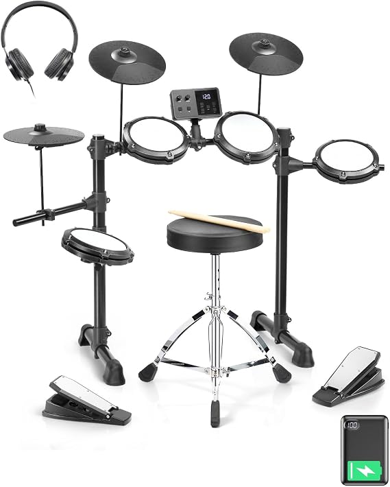 LALAHO Electric Drum Kit, Electronic Drum Kit with USB MIDI, Type-C Charging, Built-in Metronome, Record & Headphone Mode, Sticks, Stool, 150 Sounds, 64 Polyphony,10 Demos & 10 Kits for Beginner
