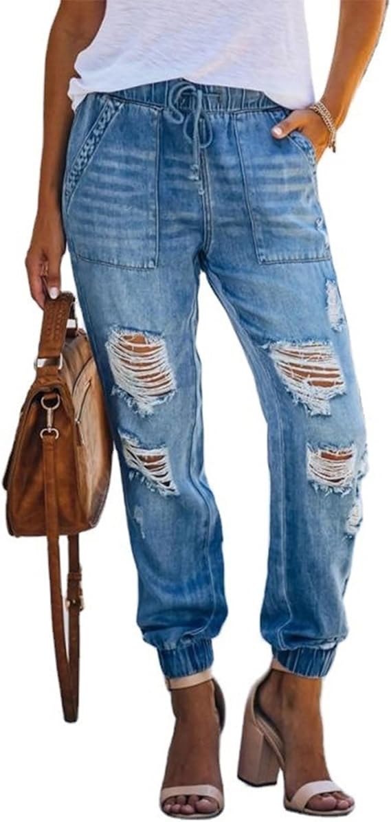Sexyshine Women's Pull-on Distressed Denim Joggers Drawstring High Elastic Waist Loose Cargo Pants Ankle Length Jeans