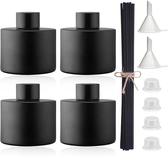 4PCS 100ML Glass Diffuser Bottles Black, Refillable Empty Perfume Fragrance Reed Bottles with 20pcs Reeds Sticks & Caps & Funnel, Diffuser Jars for DIY Fragrance Oil Wedding Party Decoration Gift