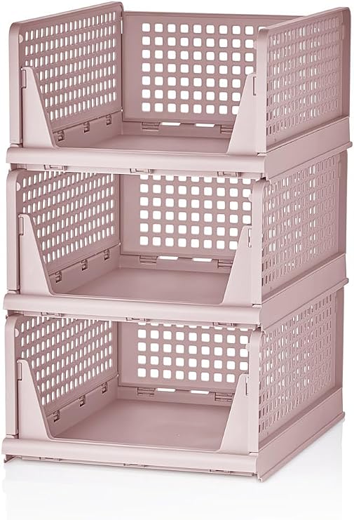 Deconox 3 Adet Kayar Raf Elbise Dolap İçi Organizeri, Mutfak, Banyo, Genç Odası, Garaj ve Ardiye için Üst Üste Dizilebilir Ünite, Kayar Raf Dolap içi Kıyafet, Ev Aksesuarı Düzenleyici (PEMBE)