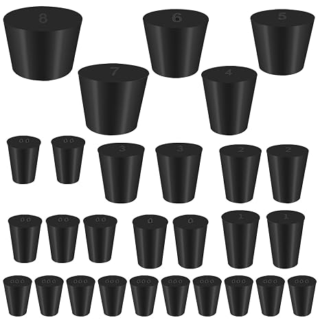 28 Pack (11 Assorted Sizes) Solid Rubber Stopper, 000# - 8# Tapered Lab Bungs Rubber Corks Plugs, Tapered Rubber Plugs Black Lab Seal Stopper Plug for Test Tube and Flasks
