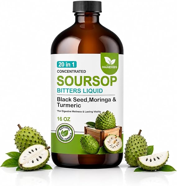 Soursop Bitters Liquid 16 fl oz - Traditional Bitters Formula with Black Seed, Moringa & Turmeric