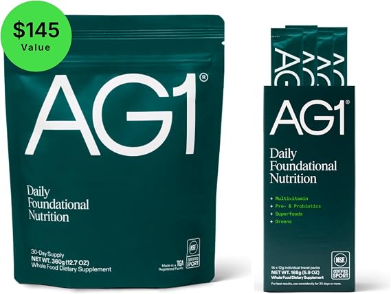 AG1 Greens Powder Supplement, Improve Gut Health, Multivitamin, Probiotic, +75 Vitamins (Refill Pouch + 14ct Travel Pack)