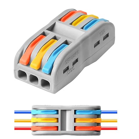 Wire Connectors Nuts, 50pcs 3 Conductor Compact Splicing Wire Connectors, 3 in 3 Out Lever Wire Nut, 3 Circuit Inline Splices 28-12 AWG