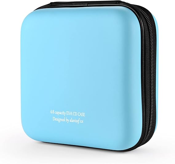CD Case 48 Capacity Hard EVA Blu-ray CD Wallet Double Zip Hand Strap Portable Disc Organiser DVD Case for Car Trips (48 Capacity Sky Blue 48)