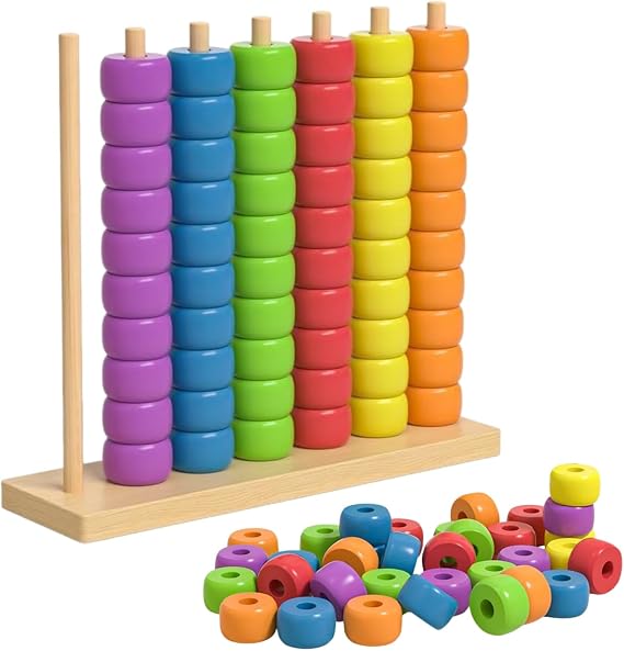 Colour Stack Challenge Game, Wooden Color Matching Stacking Puzzle Game with Racks Color Stacking Sorting Toys Educational Learning Games Sensory Toys