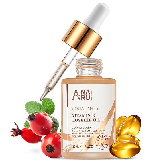 ANAI RUI Squalane + Vitamin E Rosehip Oil Moisturizer for Face,Hair,Skin& Nail Hydrate, Reduce Scars and Stretch Marks, Wrinkles for Smoother, Softer Skin 1 fl. Oz