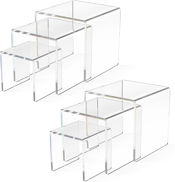 AITEE Clear Acrylic Display Risers: 2 Sets Tiered Display Stand for POP Figures Display, Jewelry Display Riser, Cupcakes Sweet Display Holder Stand, Retail Displays Bridge Showcase - 3"x4"x5"