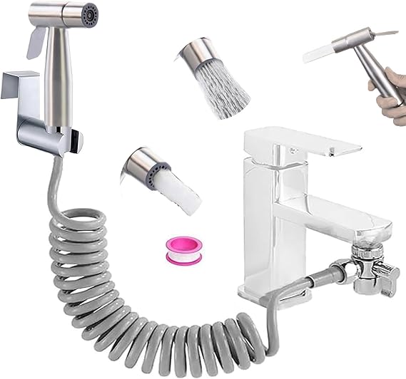 Bidet Stainless Steel Hand Shower Set, Upgraded Dual-Function Dual-Switch Bathroom Bidet Attachment with Faucet Dispenser, Spring Hose Hook, Faucet Dispenser, Bathroom Hygiene and Diaper Cleaning
