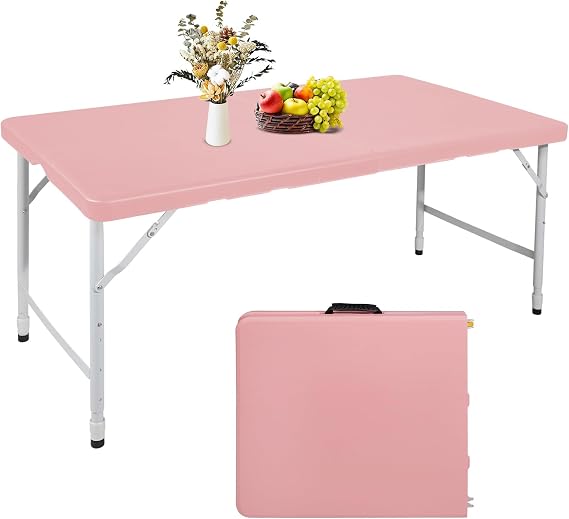 Portable 4Ft Adjustable Height Plastic Folding Table, Heavy Duty Fold-in-Half Table with Carrying Handle, Small Utility Foldable Table for Picnic Party Camping BBQ, Indoor/Outdoor (Pink)