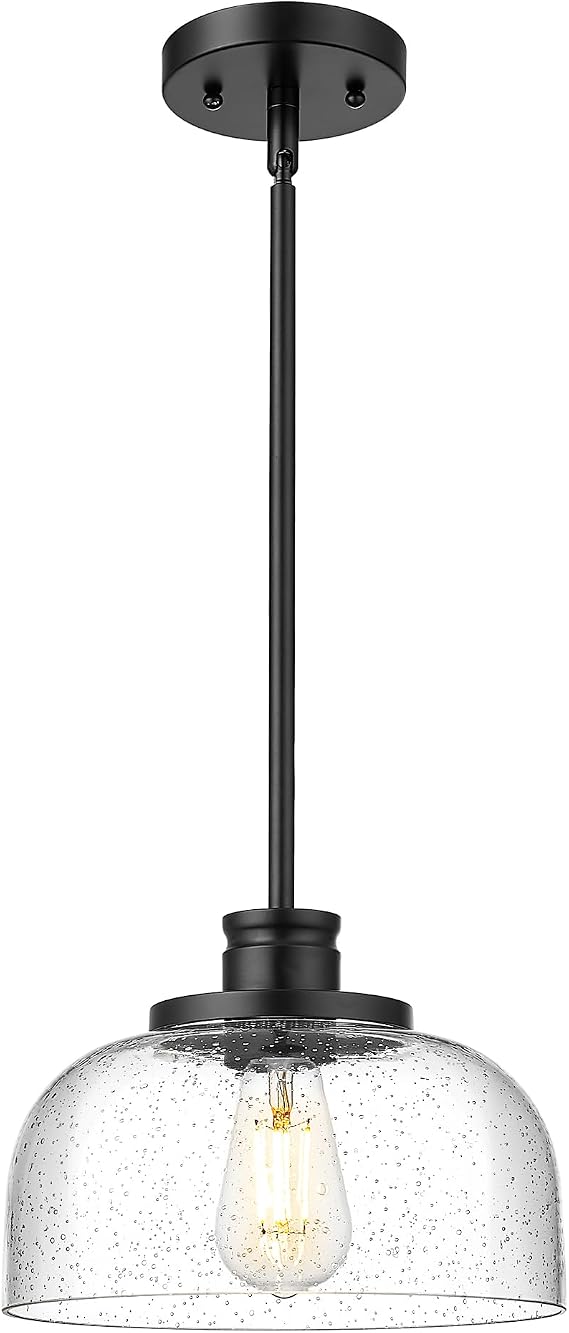 Emak Modern Black Pendant Light, 10 Inch Large Pendant Lights Kitchen Island with Seeded Glass Shade, Farmhouse Kitchen Island Lighting for Dining Room, Bathroom, Bar, PL131-BK-SG