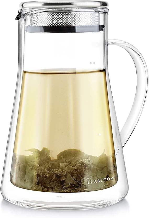 Teabloom Insulated Teapot Keeps Tea Hot Tea Maker For Two (24 oz) Double Wall Heatproof Glass Tea Steeper with Stainless Steel Filter Lid for Loose Leaf Tea