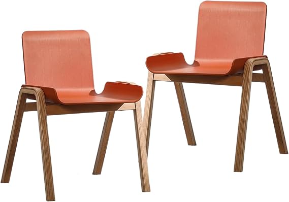 Dining Chair Set of 2, Mid Century Modern Chair Plastics Arm Chair with Wooden Legs for Kitchen, Dining Room, Bedroom Side Chair, Orange